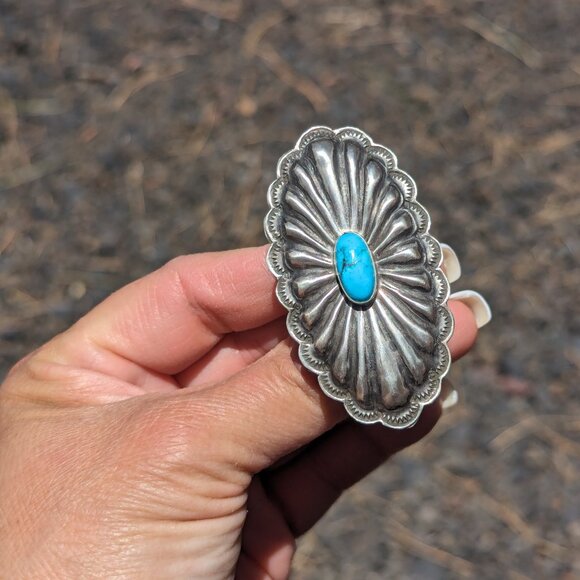 Navajo Concho Ring Kingman Turquoise Sterling Silver Native Am Jewelry sz 7.25US - Picture 6 of 10